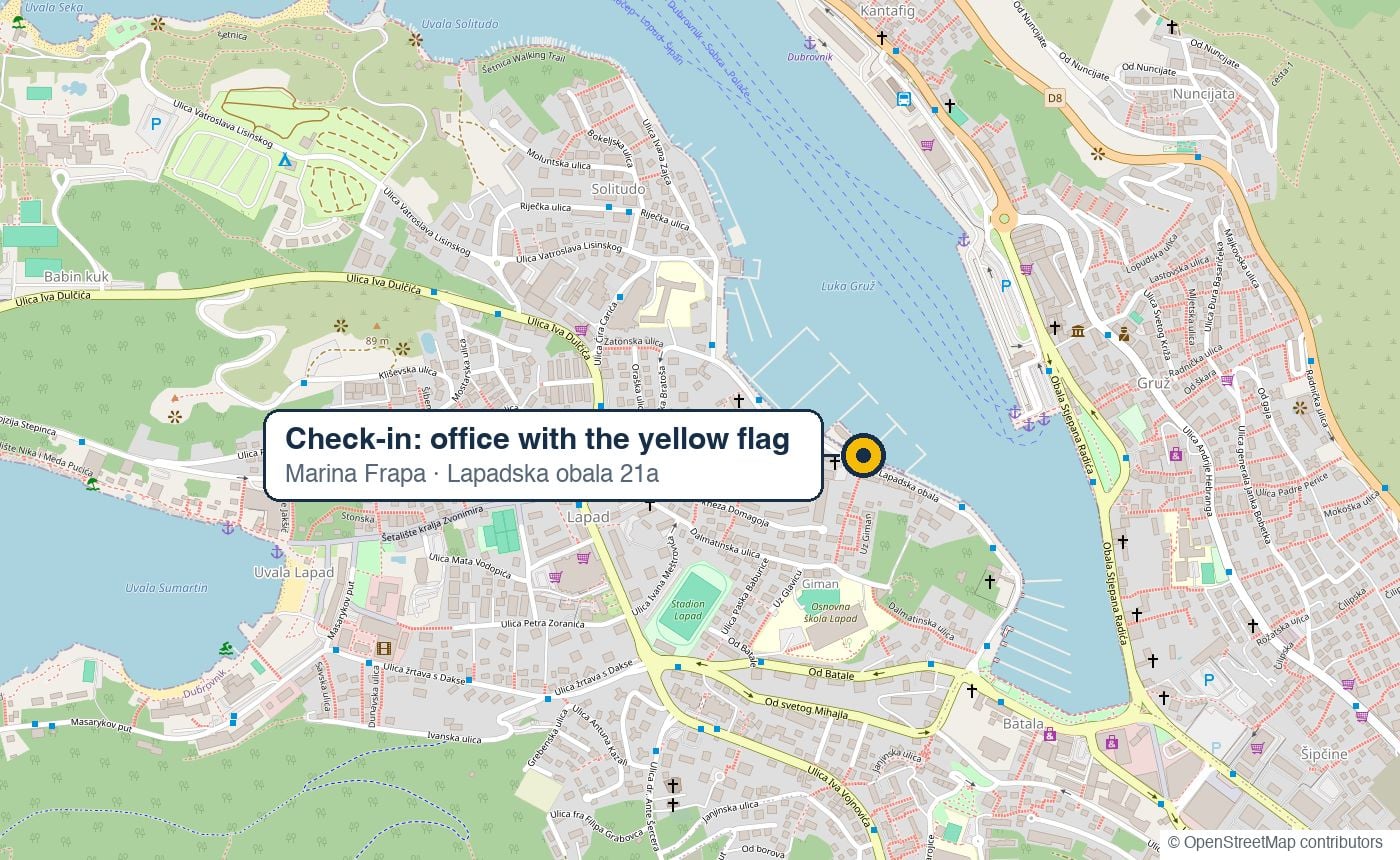 Street map of Lapad and Gruž harbour with the meeting point marked at Marina Frapa, Lapadska obala 21a: the office with the yellow flag