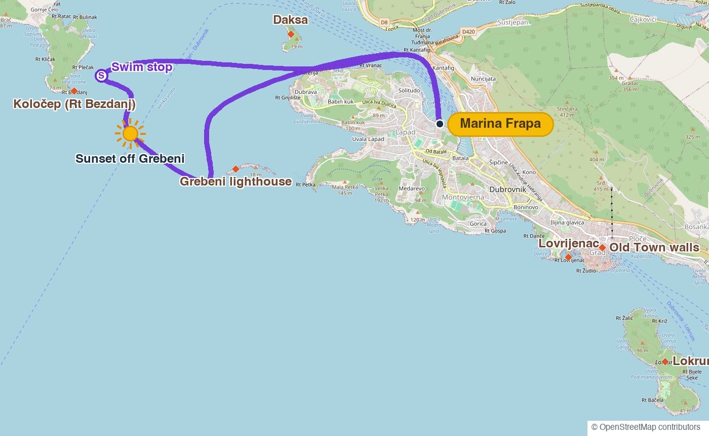 Route map of Koločep Swim & Sunset: Marina Frapa past Daksa to a swim stop on Koločep’s east side, sunset off Grebeni and back