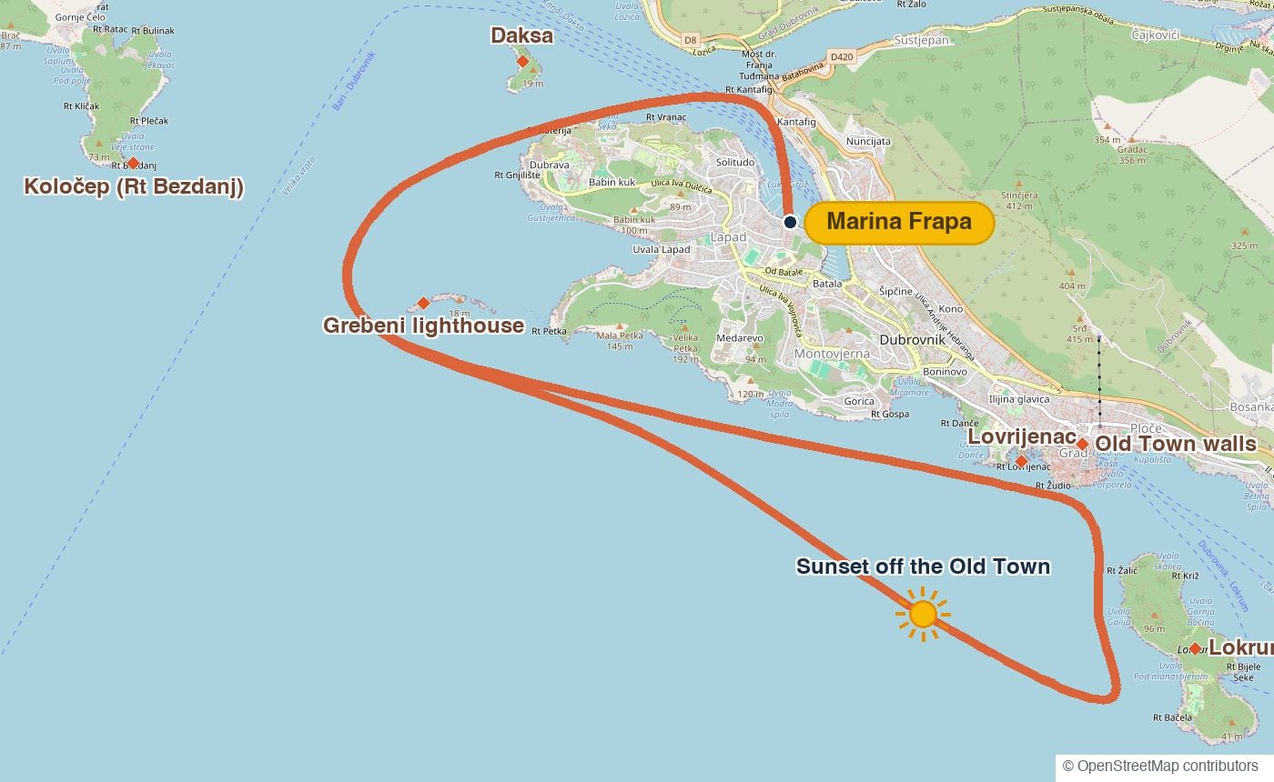 Route map of Sunset & City Walls: Marina Frapa past Daksa to Grebeni, along Lapad to Fort Lovrijenac and the Old Town walls, past Lokrum, sunset south-west of the Old Town and back